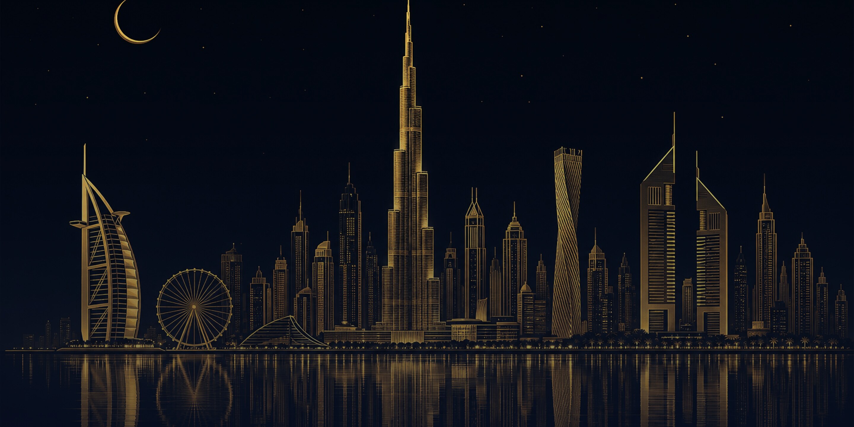 Art deco illustration of the Dubai skyline in gold on midnight blue