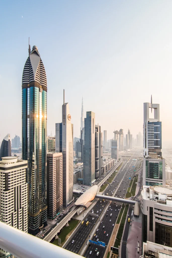 Modern skyline with skyscrapers and highway in Dubai Properties and real estate